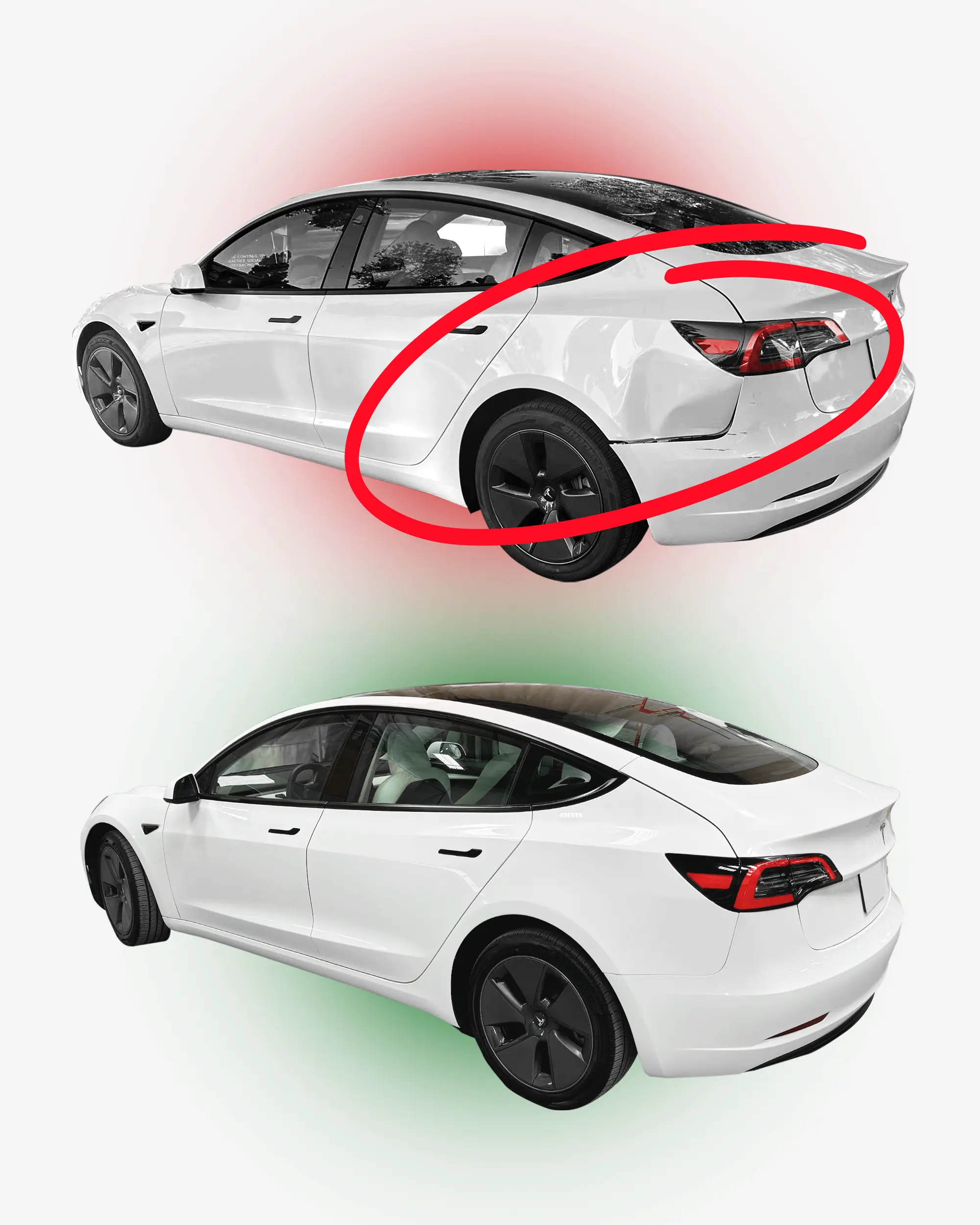 Tesla Model 3 Before and After Auto Body Repair from Car Accident by Premier Coach Tesla Approved Body Shop Auto Collision in Thousand Oaks and Camarillo