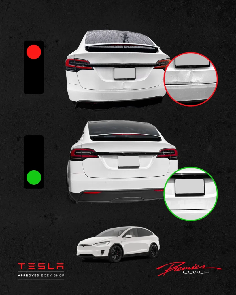 Tesla Model X Rear End Collision Damage Before and After by Premier Coach Auto Collision Tesla Approved Body Shop Auto Collision in Thousand Oaks and Camarillo