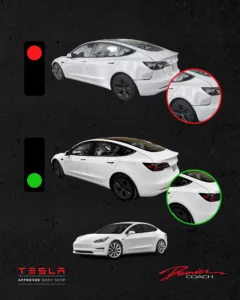 Tesla Model Y Quarter Panel Collision Damage Before and After by Premier Coach Auto Collision Tesla Approved Body Shop Auto Collision in Thousand Oaks and Camarillo