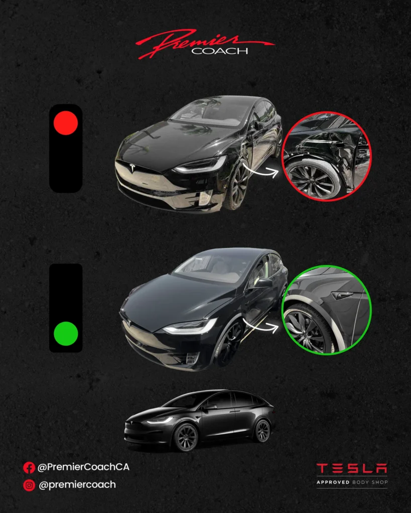 Tesla Model X Fender Collision Damage Before and After by Premier Coach Auto Collision Tesla Approved Body Shop in Thousand Oaks and Camarillo